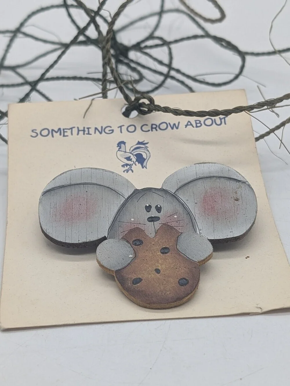 Vintage Hand-Painted Wooden Mouse & Cookie Ornament